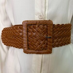 Brown PU leather braided elastic waistband belt